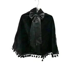 Elebini Girls Size 10 Hooded Velvet Poncho with Tassels & Black Bow Tie Closure